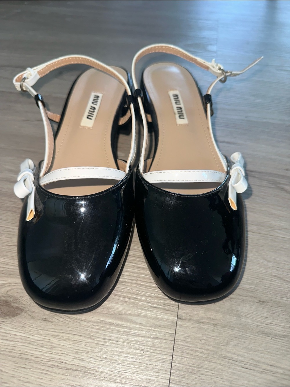 Miu Miu Black Patent Slingback Heels with White Trim and Bow